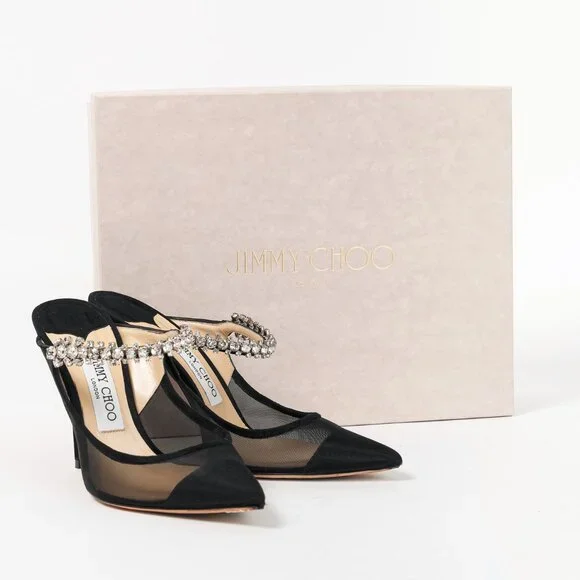 Jimmy Choo Bing 100 Black Mesh & Suede Crystal-Embellished Mules - Picture 10 of 10